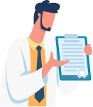 Illustrazione di un medico che mostra e indica un certificato o documento ufficiale