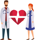 Illustrazione di due medici che sostengono insieme un cuore rosso